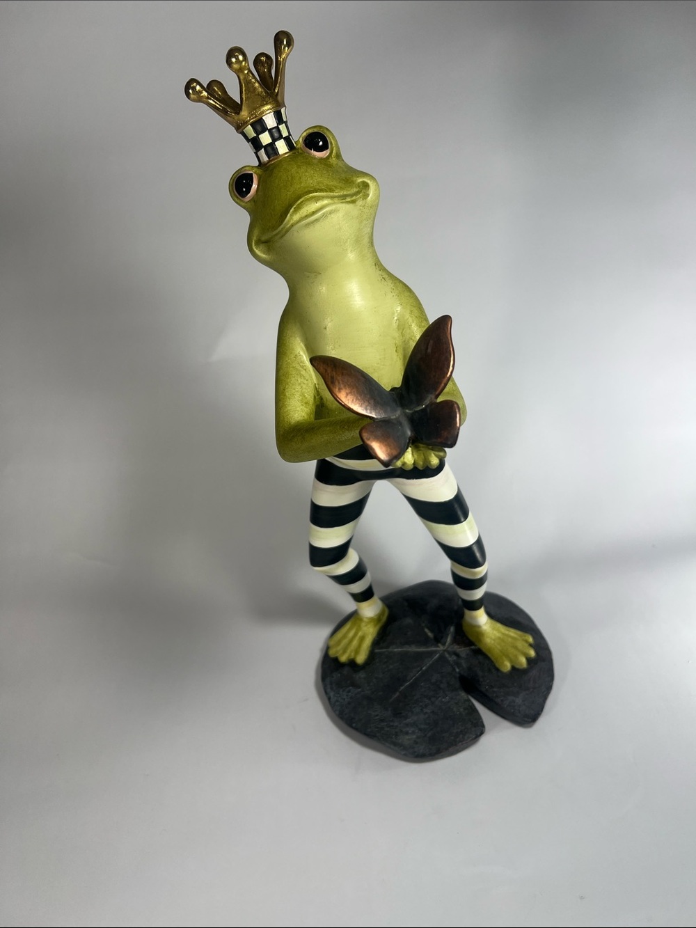 Whimsical Frog Figurine - Green with Black & White Stripes